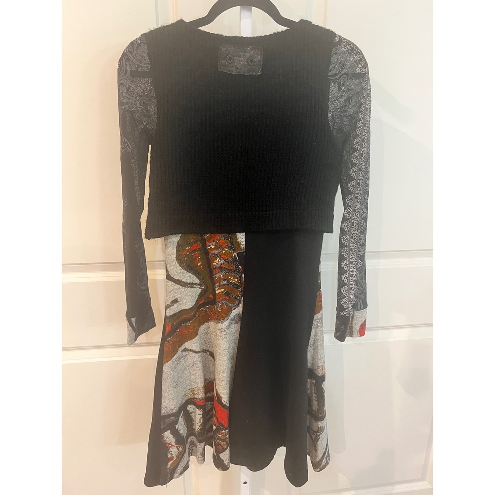 Vintage Y2K Lulu-H Women Black  Knit Abstract Graphic Print Long Sleeve Dress S
